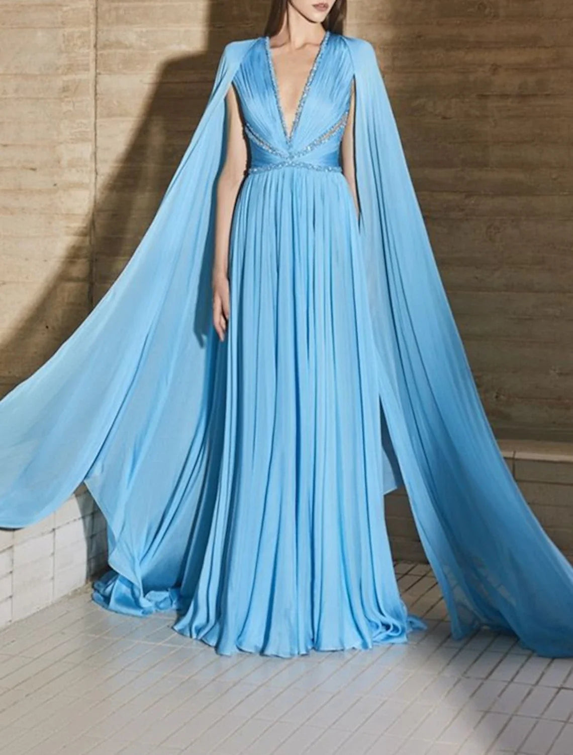 A-Line V-Neck Chiffon Sleeveless Train Evening Gown - Chloe Dress