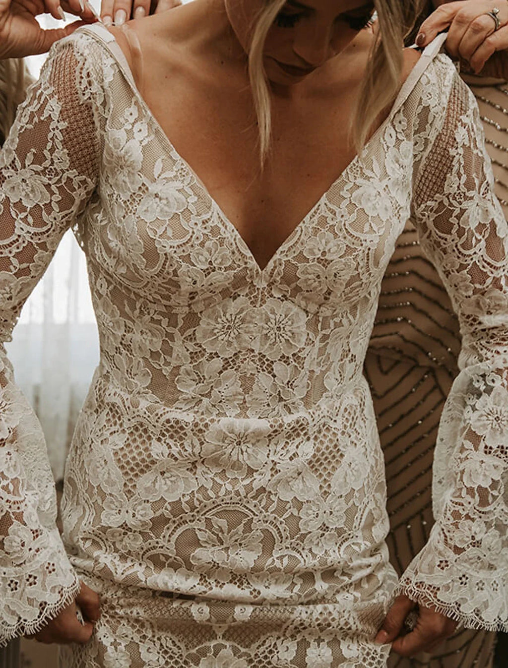 Mermaid V-Neck Lace Long Sleeve Train Wedding Gown - Chloe Dress