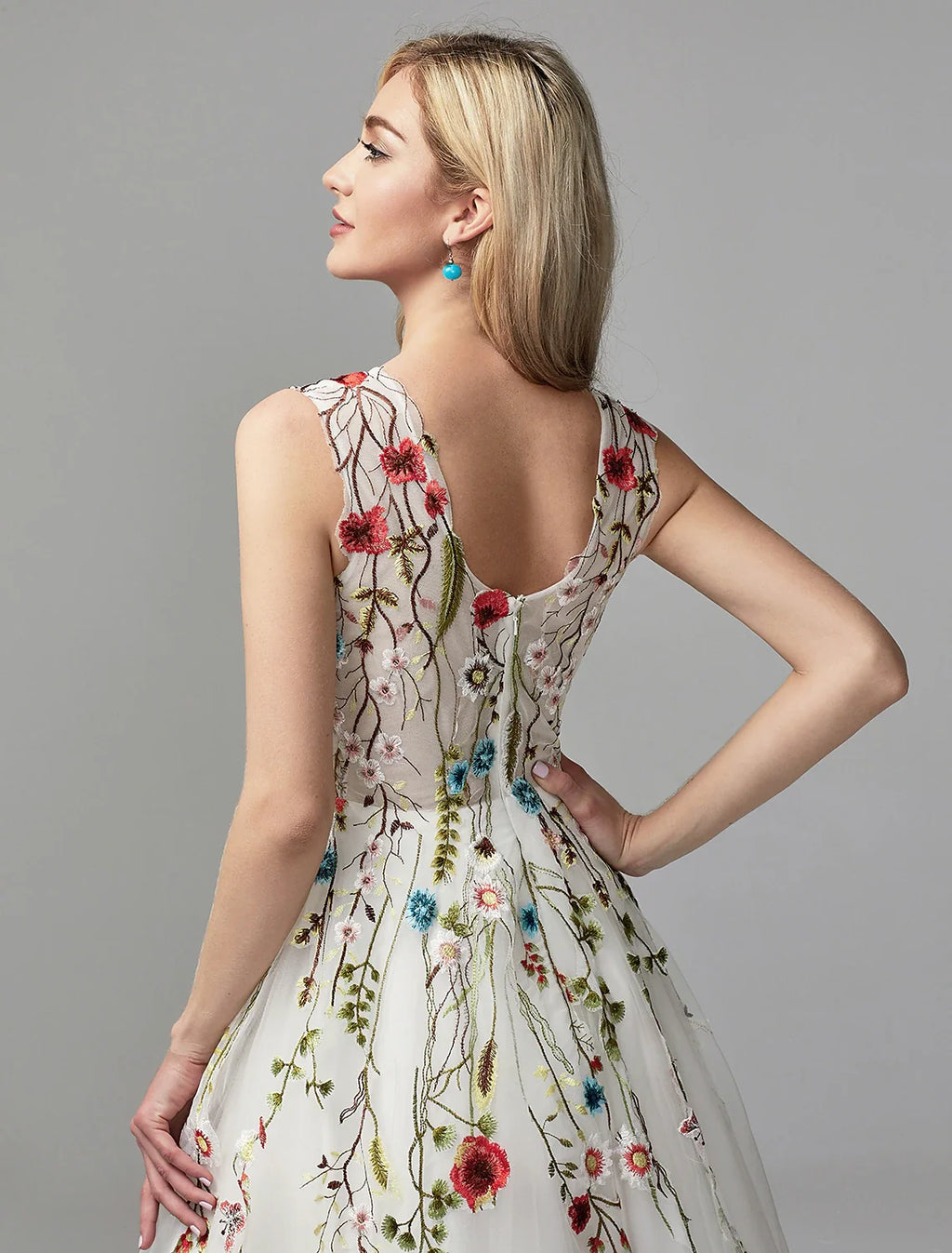 A-Line V-Neck Lace Sleeveless Applique Floor-Length Wedding Dress - Chloe Dress