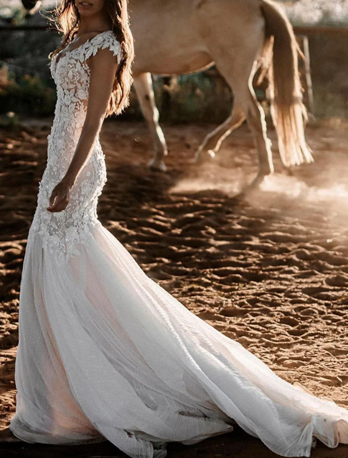 Mermaid V-Neck Lace Cap Sleeve Train Wedding Gown - Chloe Dress
