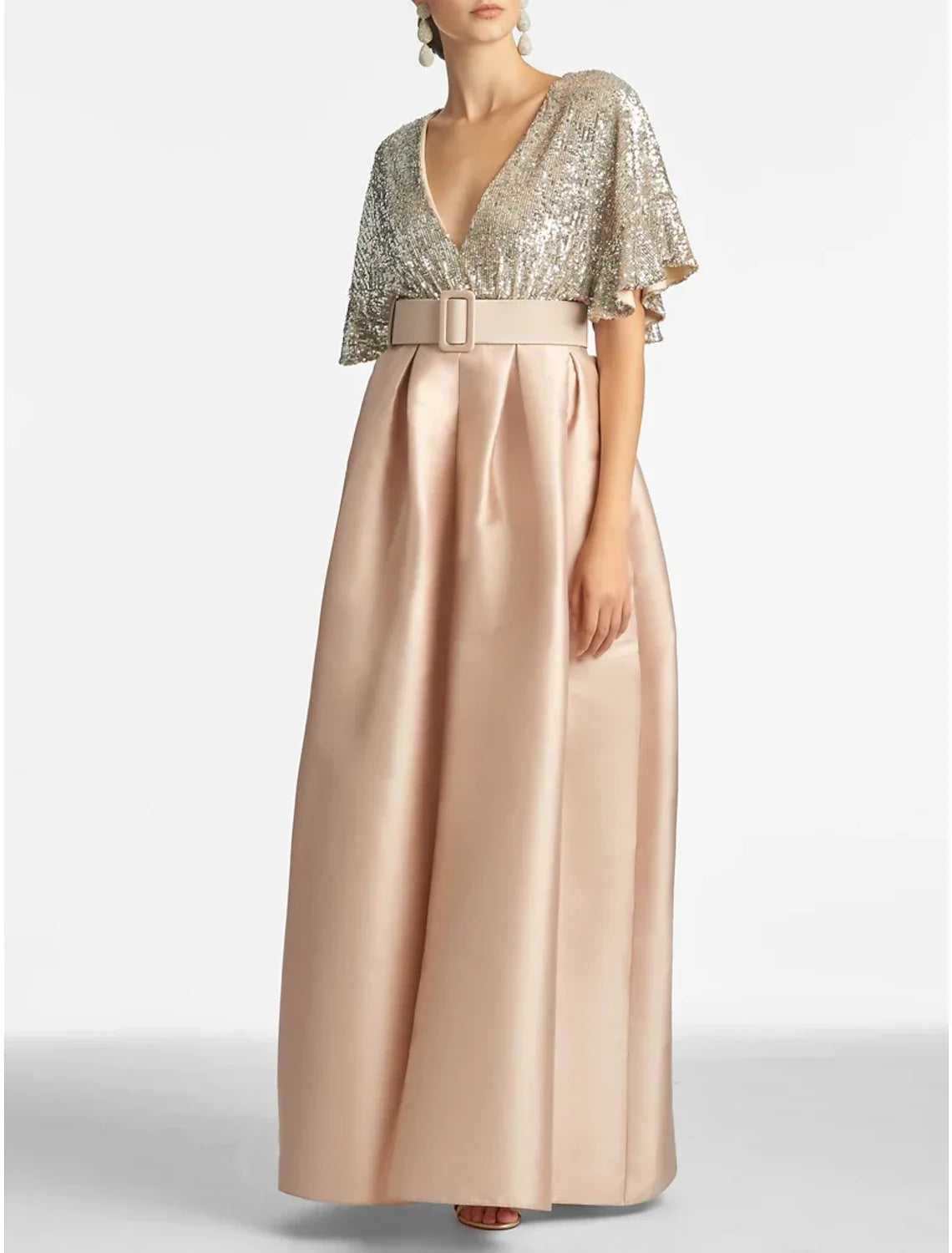 A-Line V-Neck Sequin Ankle-Length Evening Gown - Chloe Dress