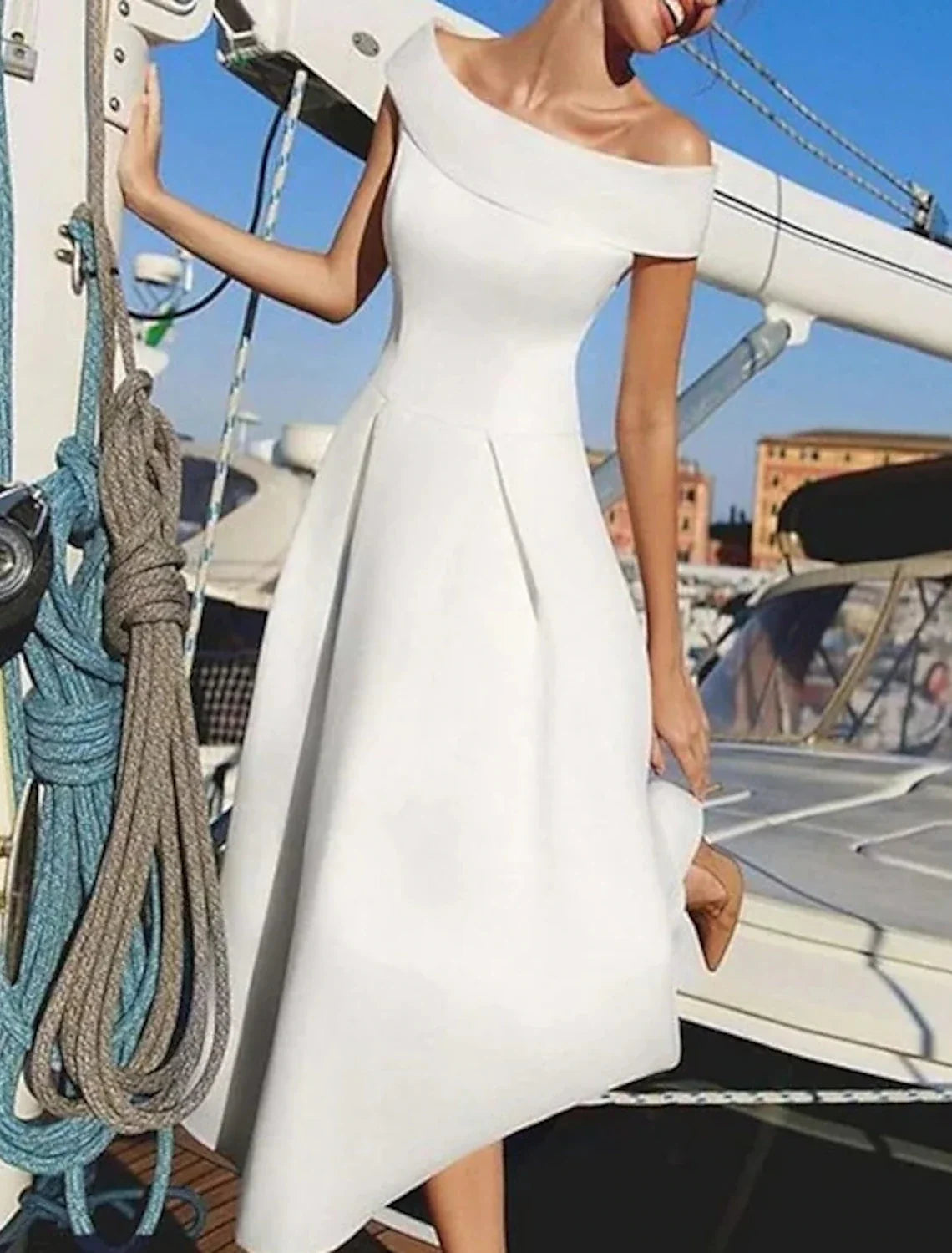 A-Line Off-Shoulder Satin Short Sleeve Mini Wedding Dress - Chloe Dress