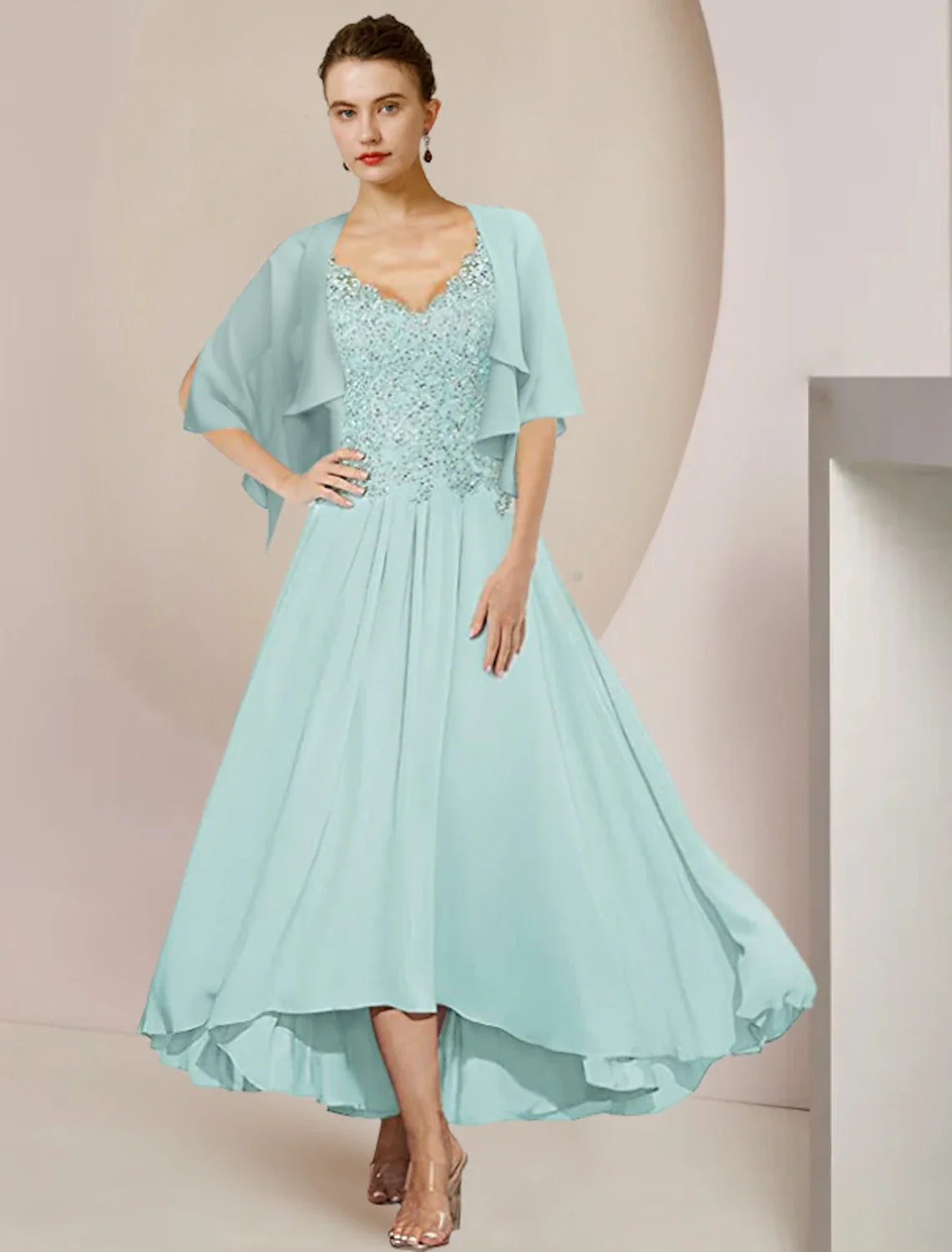 A-Line V-Neck Chiffon Three-Quarter Sleeve Wrap Tea-Length Wedding Dress - Chloe Dress