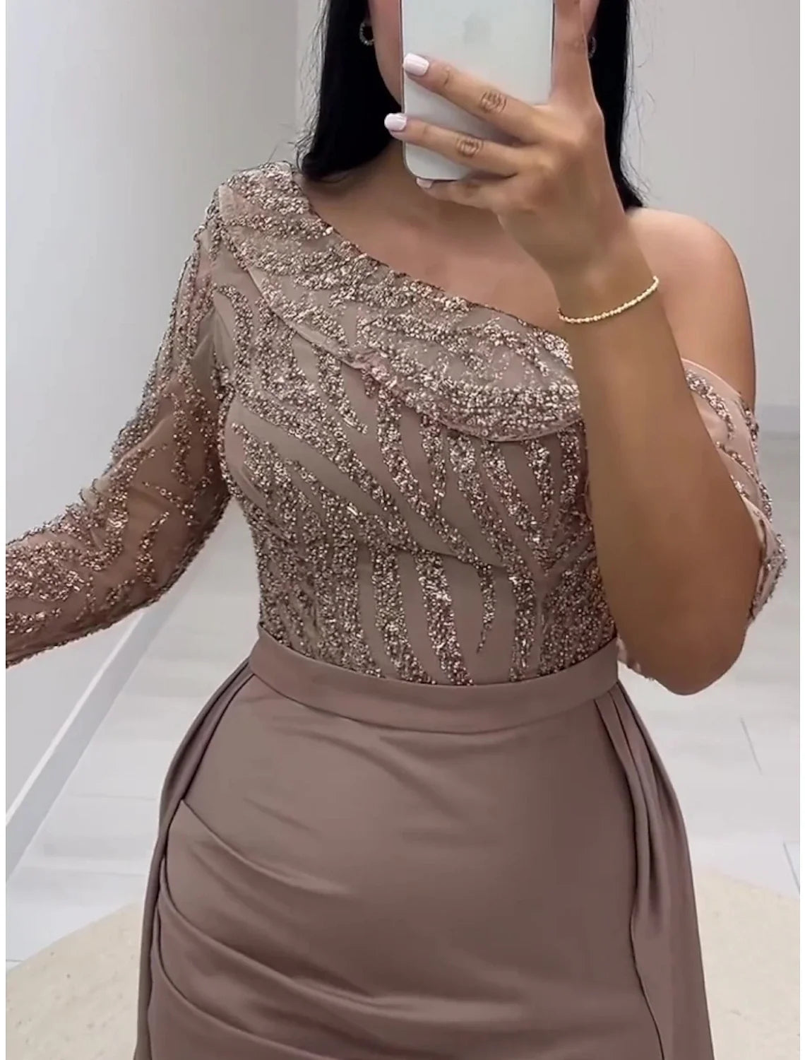 Sheath One-Shoulder Sequin Long Sleeve Train Evening Gown - Chloe Dress