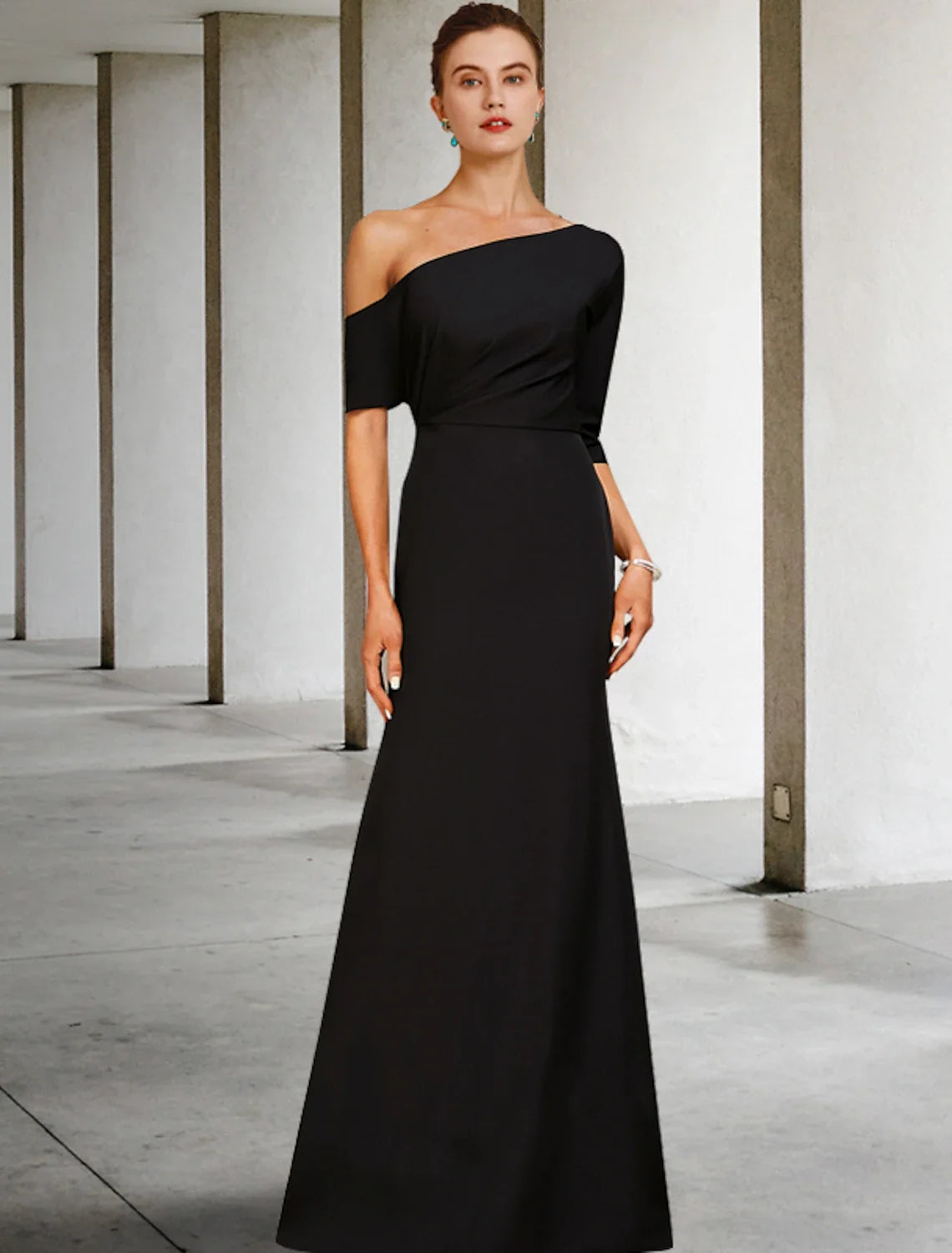 A-Line One-Shoulder Three-Quarter Sleeve Ruffled Floor-Length Wedding Dress - Chloe Dress