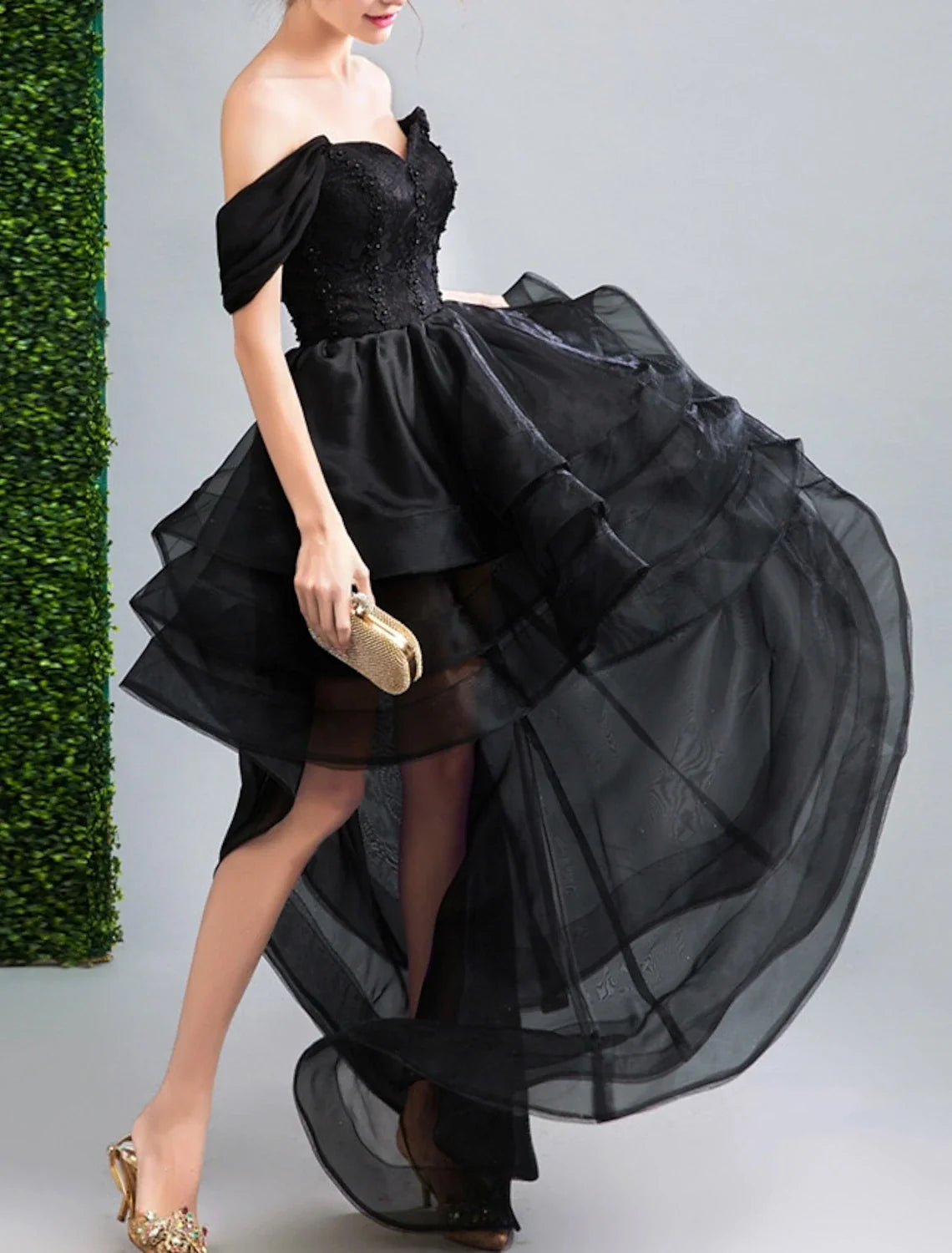 Black A-Line Off-Shoulder Organza Sleeveless Backless Ruffled Prom Dress - Chloe Dress