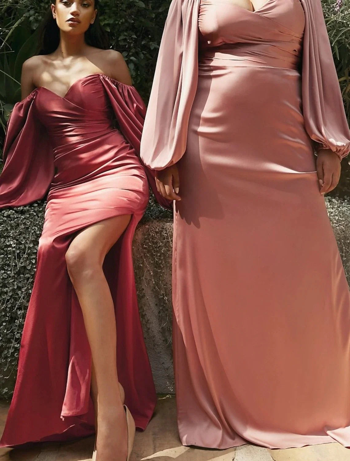 Pink Mermaid Off-Shoulder Satin Long Sleeve Floor-Length Wedding Dress - Chloe Dress