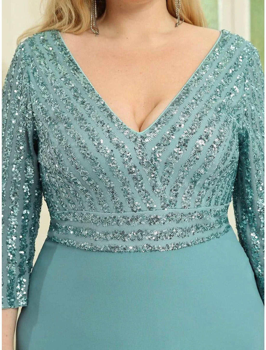 Black A-Line V-Neck Chiffon Three-Quarter Sleeve Floor-Length Evening Gown - Chloe Dress