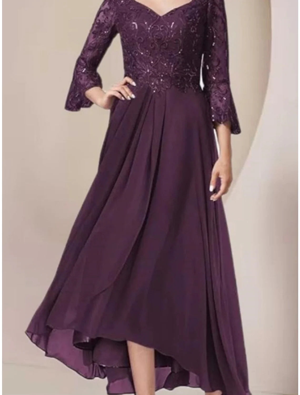 A-Line V-Neck Chiffon Three-Quarter Sleeve Pleated Ankle-Length Wedding Dress - Chloe Dress