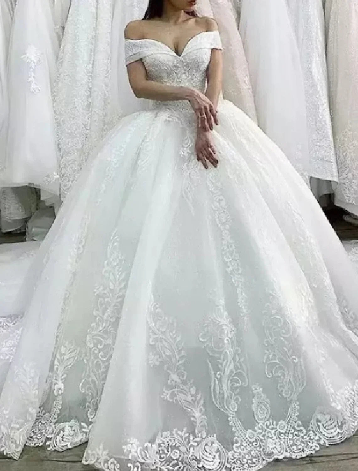Ball Gown Off-Shoulder Lace Cap Sleeve Train Wedding Gown - Chloe Dress