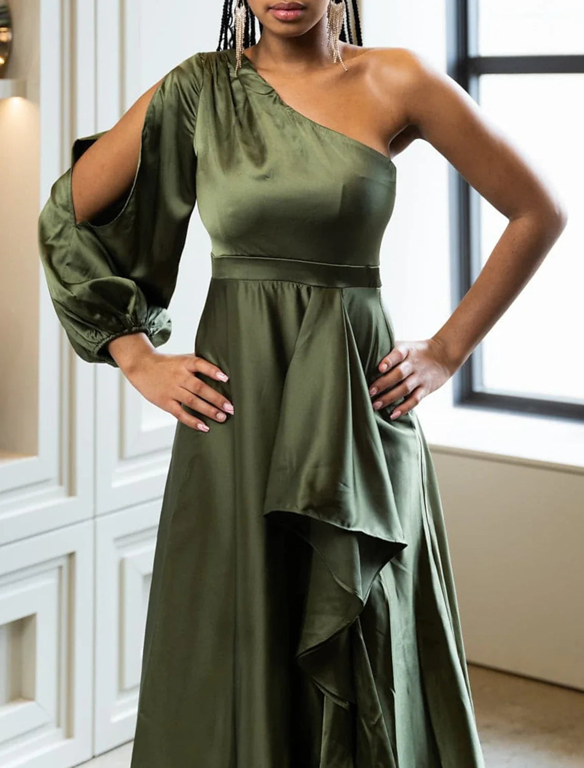 A-Line One-Shoulder Satin Long Sleeve Ruffled Evening Gown - Chloe Dress