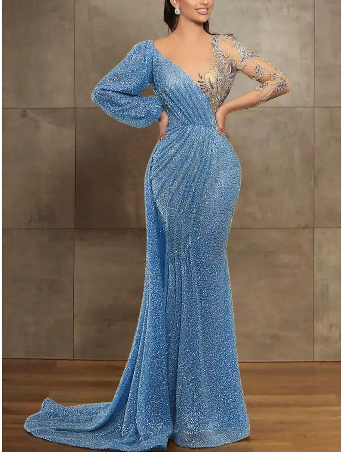 Champagne Mermaid Illusion Sequin Long Sleeve Pleated Evening Gown - Chloe Dress