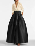 Black A-Line V-Neck Satin Long Sleeve Floor-Length Evening Gown - Chloe Dress