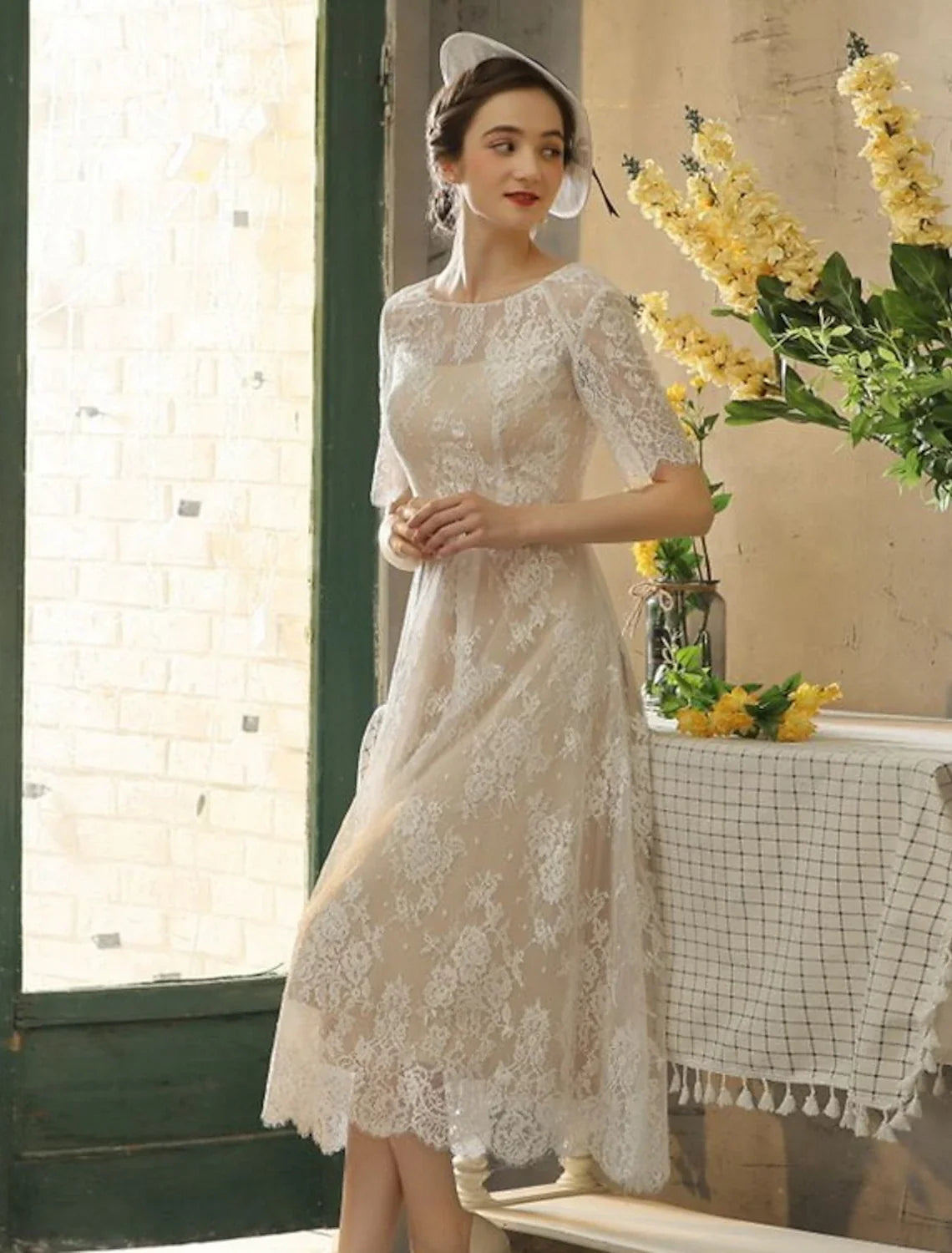 White A-Line Illusion Lace Applique Tea-Length Wedding Gown - Chloe Dress