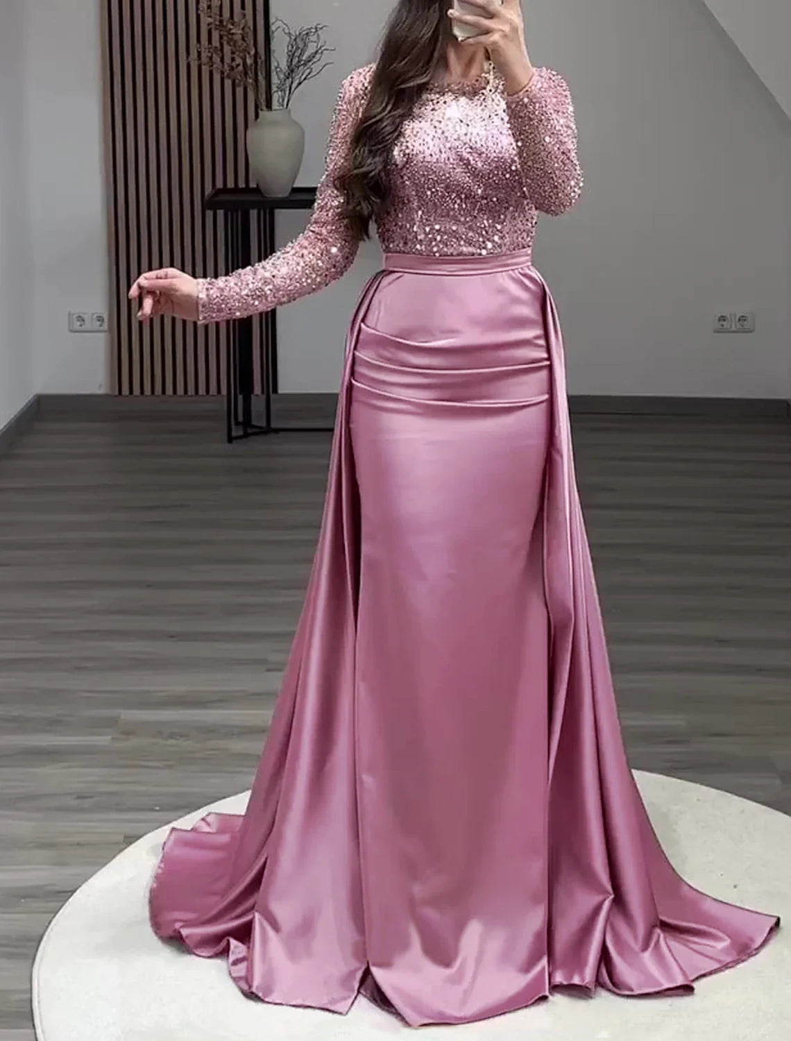 Mermaid Illusion Satin Long Sleeve Floor-Length Evening Gown - Chloe Dress