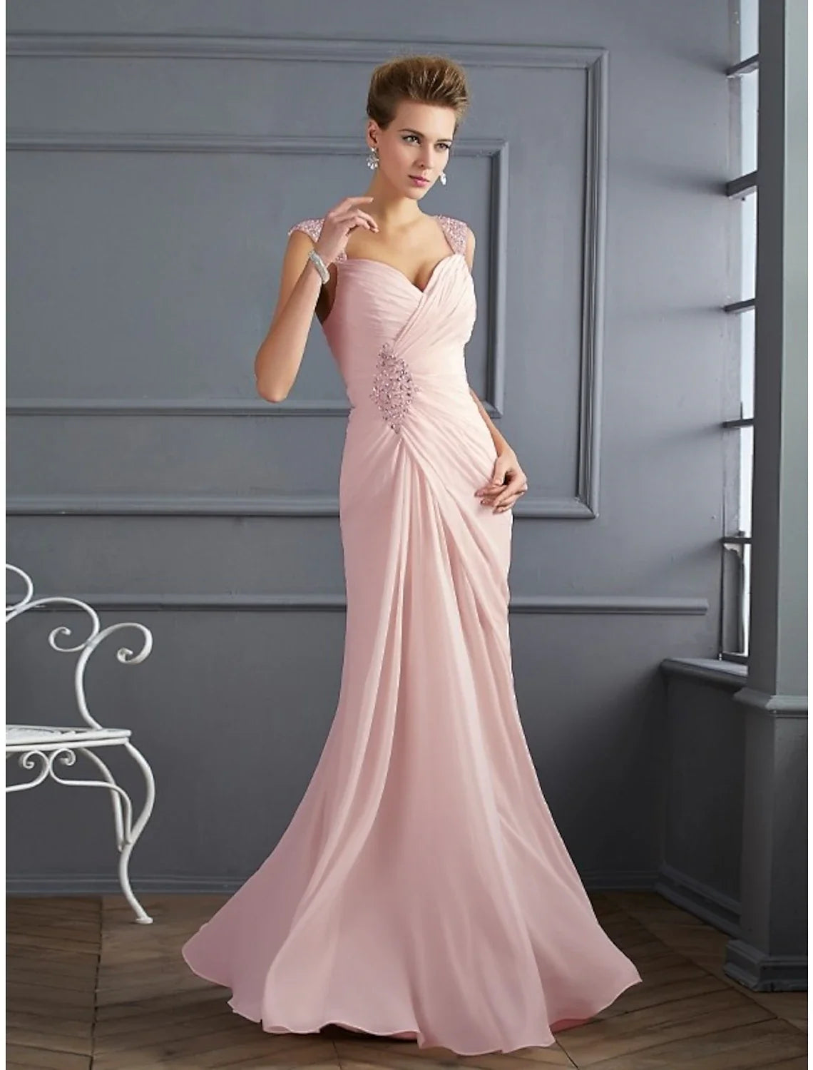 Mermaid Spaghetti Strap Chiffon Sleeveless Rhinestone Floor-Length Evening Gown - Chloe Dress