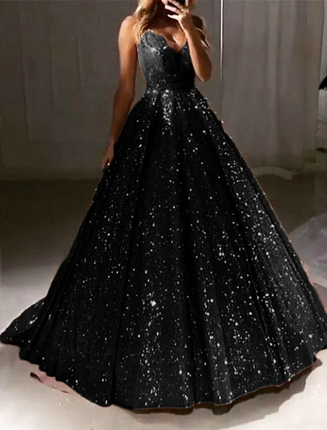 Black Ball Gown V-Neck Tulle Sleeveless Train Prom Gown - Chloe Dress