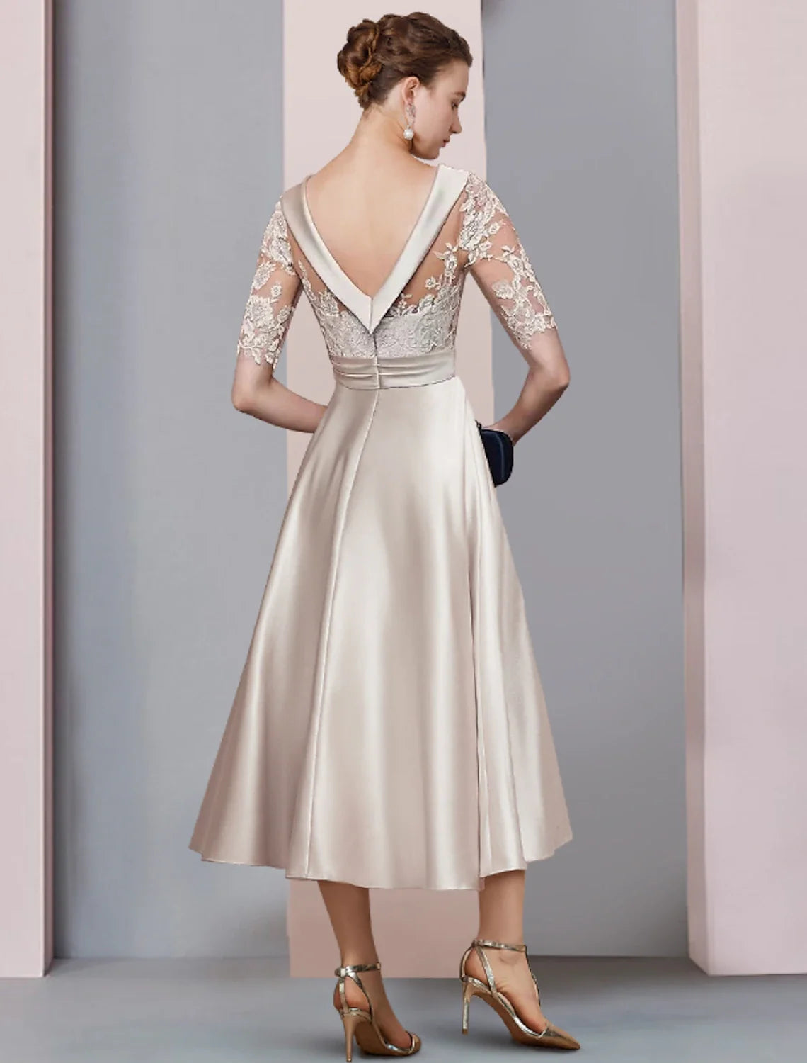 A-Line Satin Applique Tea-Length Wedding Dress - Chloe Dress