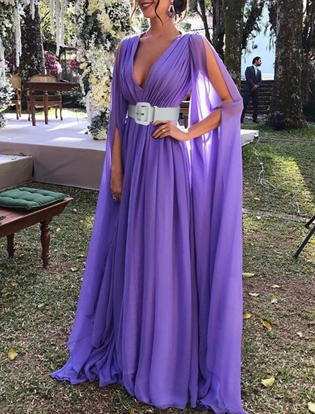 Black A-Line V-Neck Chiffon Long Sleeve Floor-Length Wedding Dress - Chloe Dress