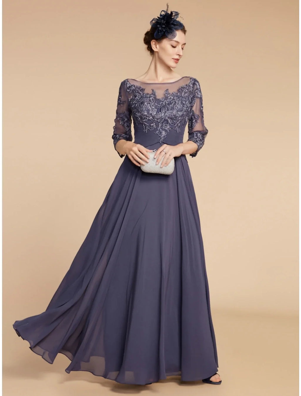 A-Line Chiffon Three-Quarter Sleeve Floor-Length Wedding Dress - Chloe Dress