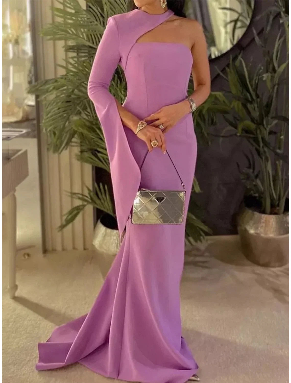 Sheath Halter Long Sleeve Pleated Evening Gown - Chloe Dress