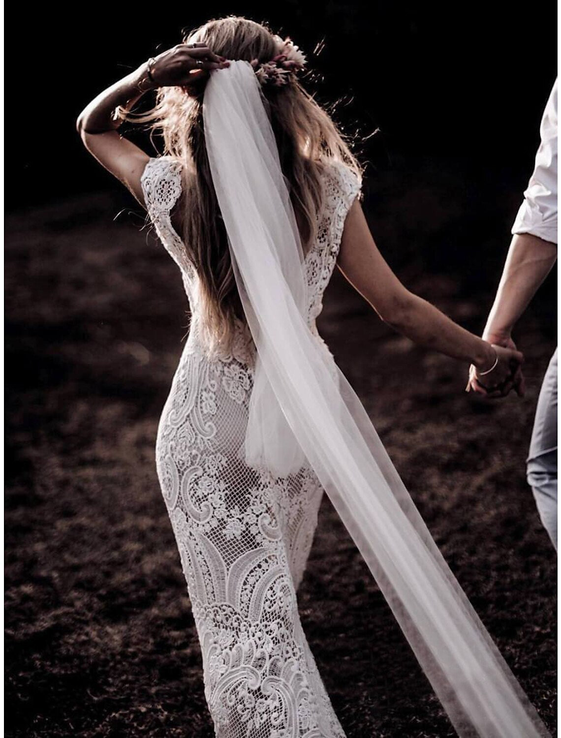 Mermaid V-Neck Lace Cap Sleeve Train Wedding Gown - Chloe Dress