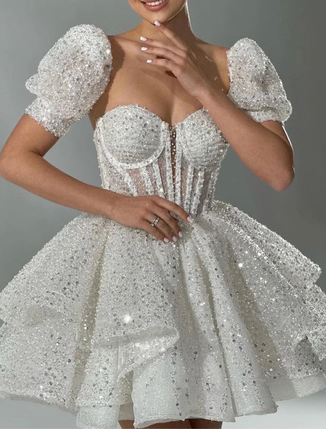 A-Line Square Neck Sequin Short Sleeve Lace-Up Back Mini Wedding Dress - Chloe Dress