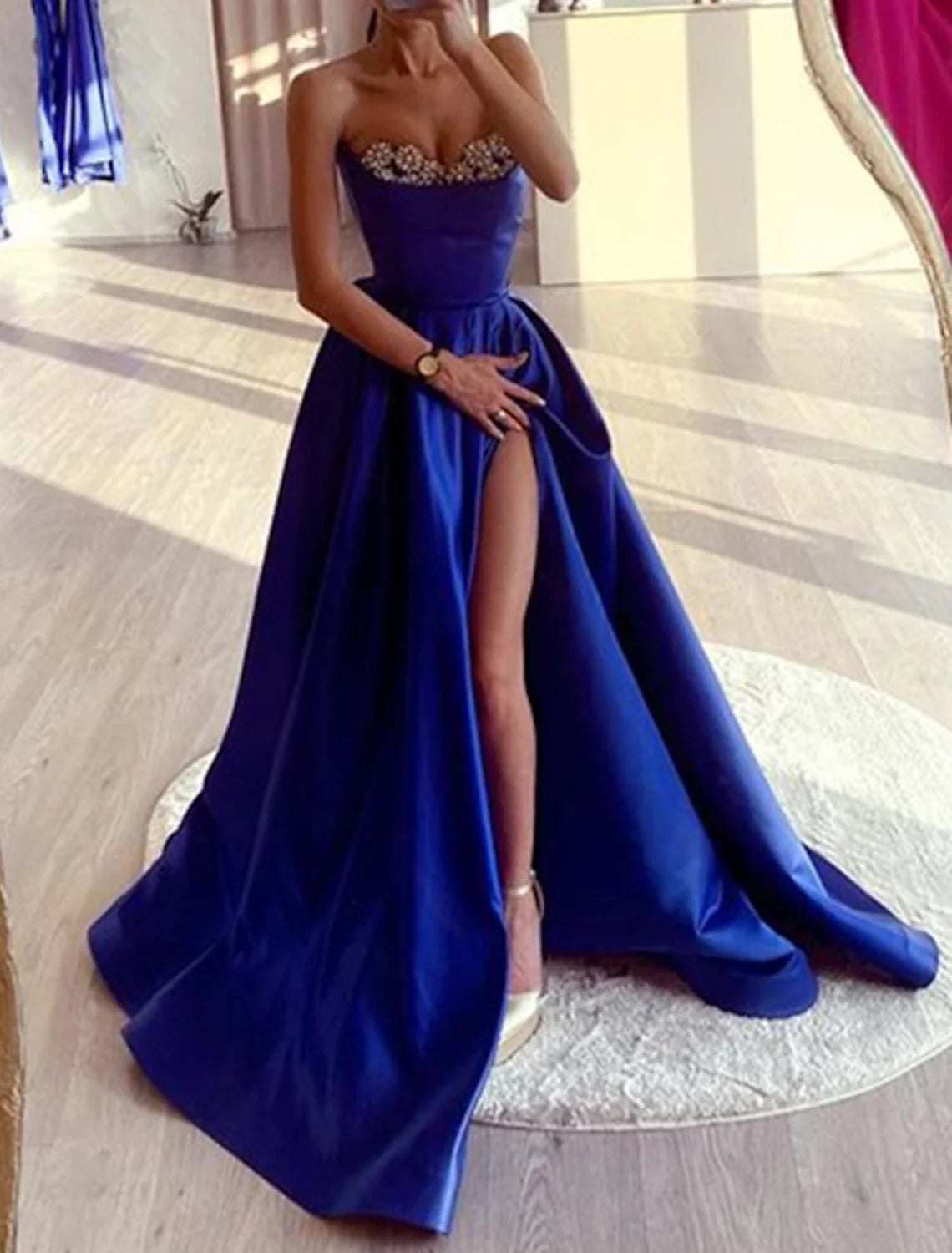 A-Line Strapless Satin Sleeveless High Slit Evening Gown - Chloe Dress