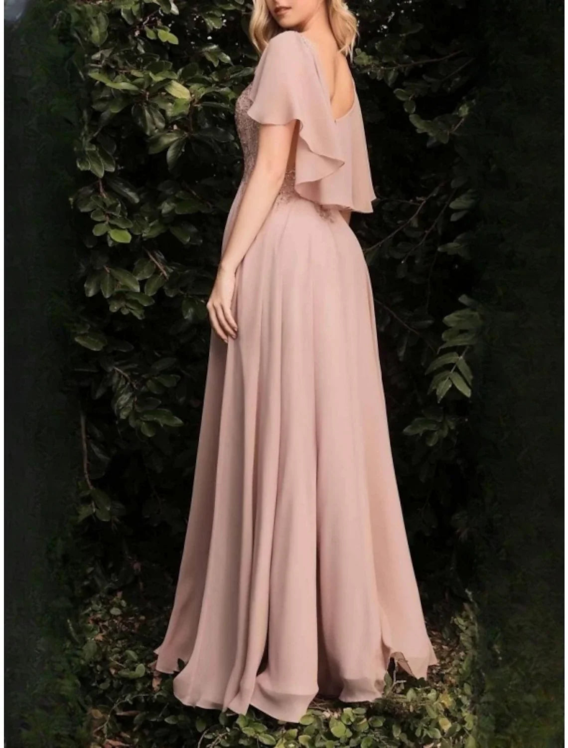 Sheath Chiffon Short Sleeve Ruffled Floor-Length Wedding Dress - Chloe Dress