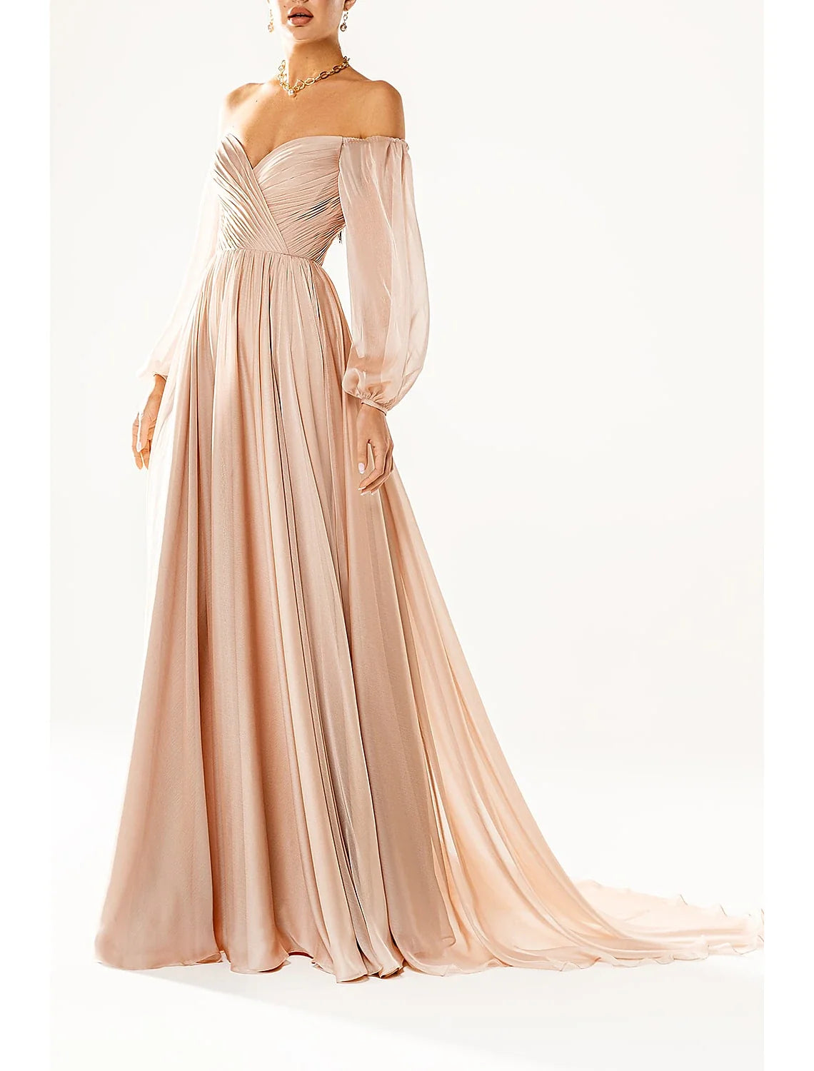 A-Line Strapless Chiffon Long Sleeve Pleated Evening Dress - Chloe Dress