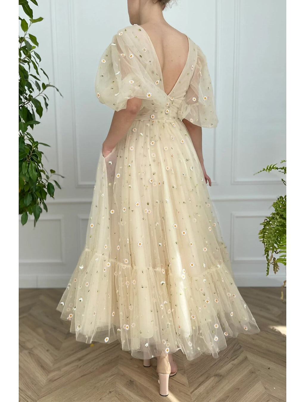 A-Line V-Neck Lace Pleated Ankle-Length Prom Dress - Chloe Dress
