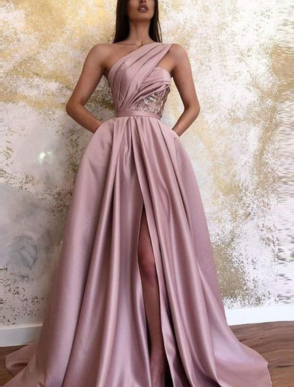 A-Line One-Shoulder Satin Sleeveless High Slit Floor-Length Evening Gown - Chloe Dress