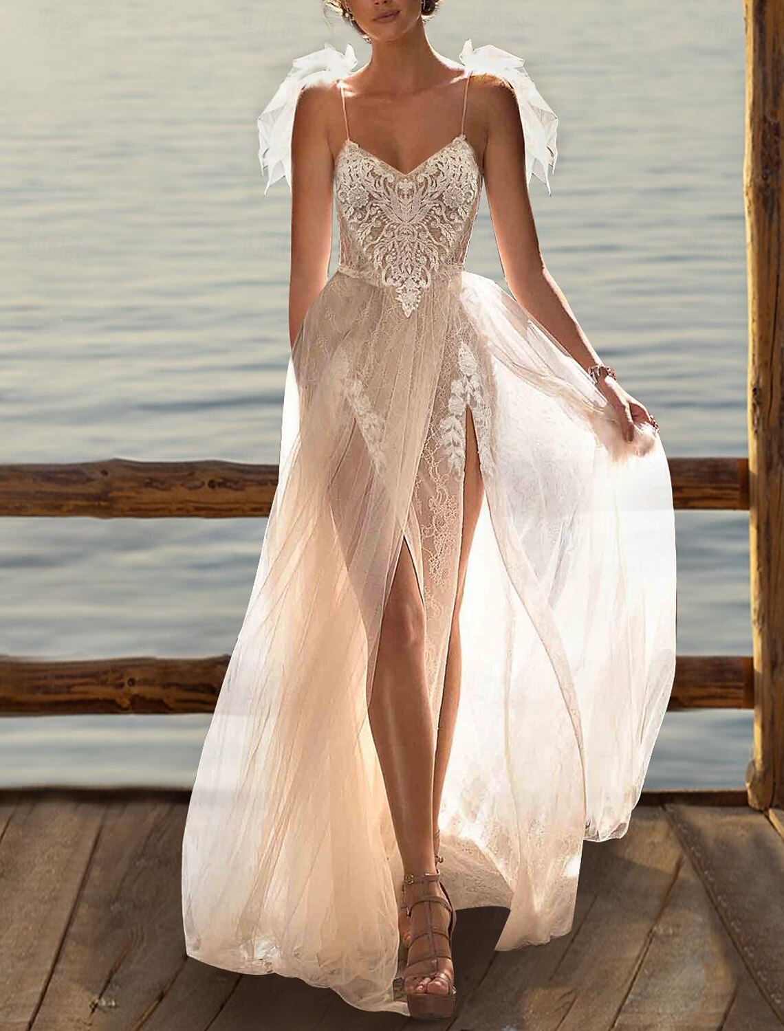A-Line V-Neck Lace Sleeveless Train Wedding Gown - Chloe Dress
