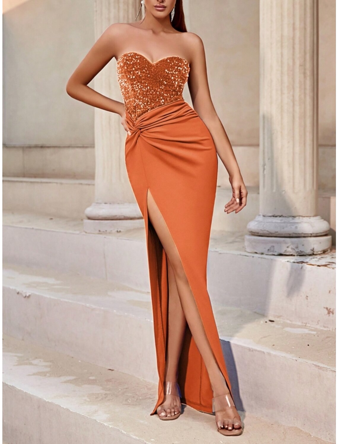 Orange A-Line Sweetheart Sequin Sleeveless High Slit Floor-Length Evening Gown - Chloe Dress
