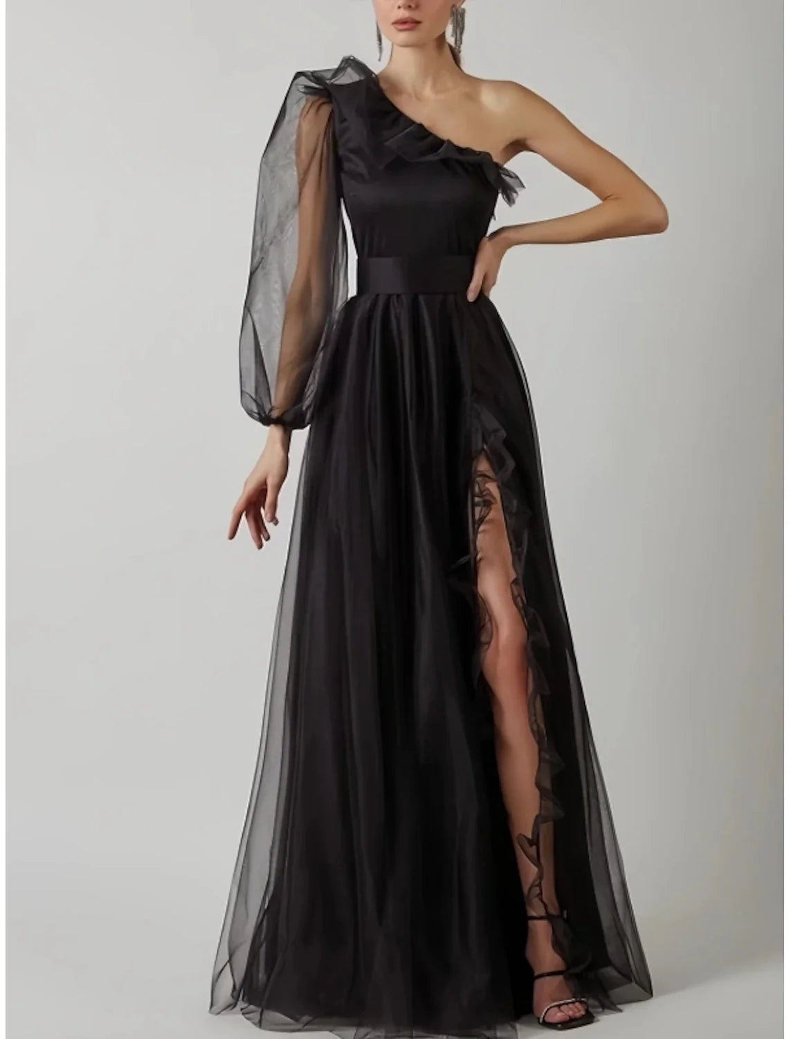 Black Sheath One-Shoulder Tulle Long Sleeve High Slit Floor-Length Evening Dress - Chloe Dress
