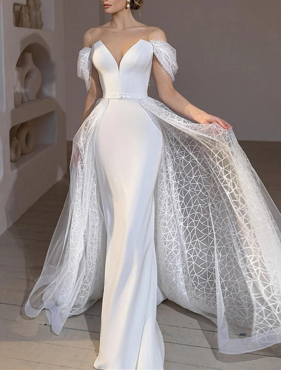 Mermaid Off-Shoulder Satin Cap Sleeve Train Wedding Gown - Chloe Dress