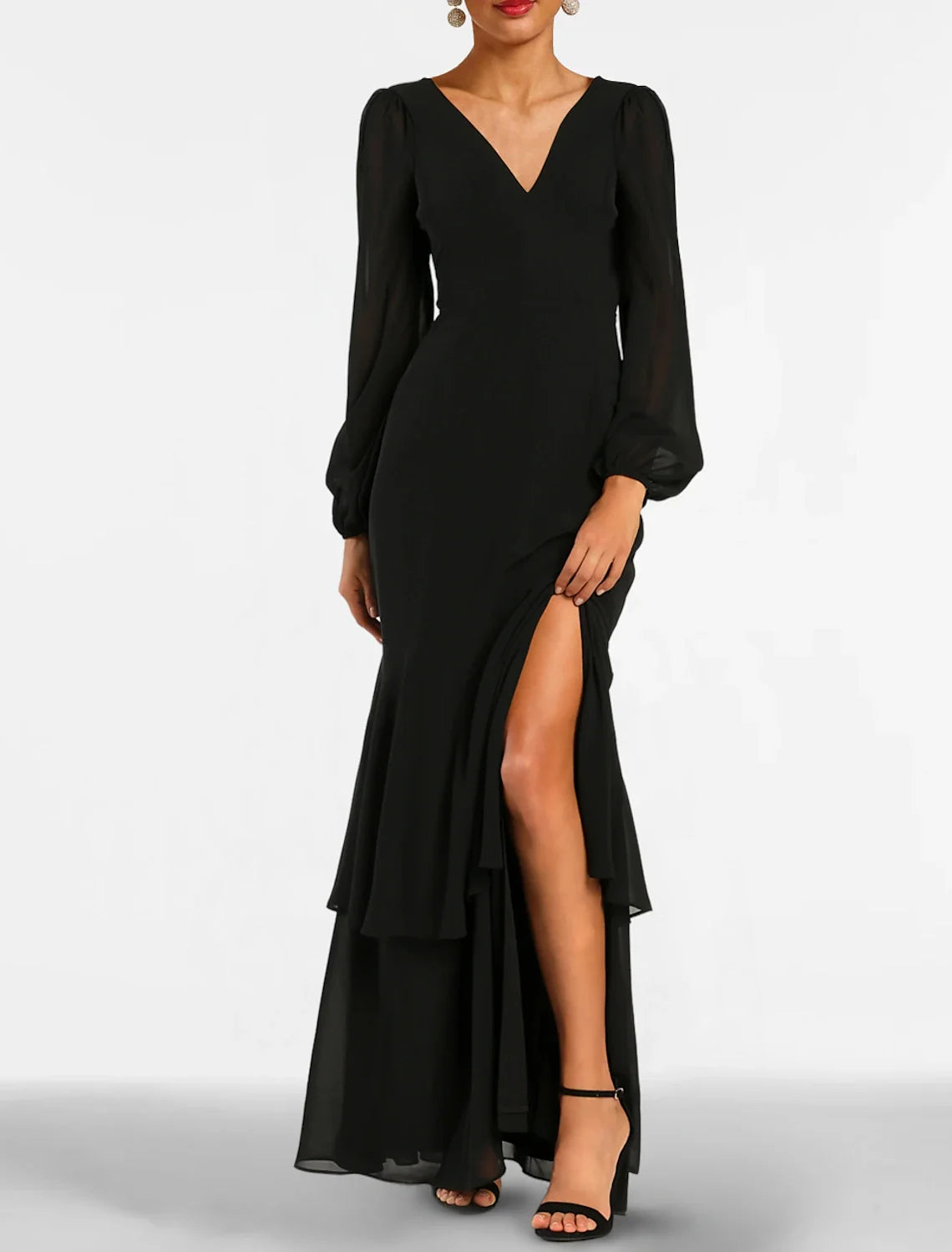 Black Mermaid V-Neck Chiffon Long Sleeve High Slit Floor-Length Evening Gown - Chloe Dress