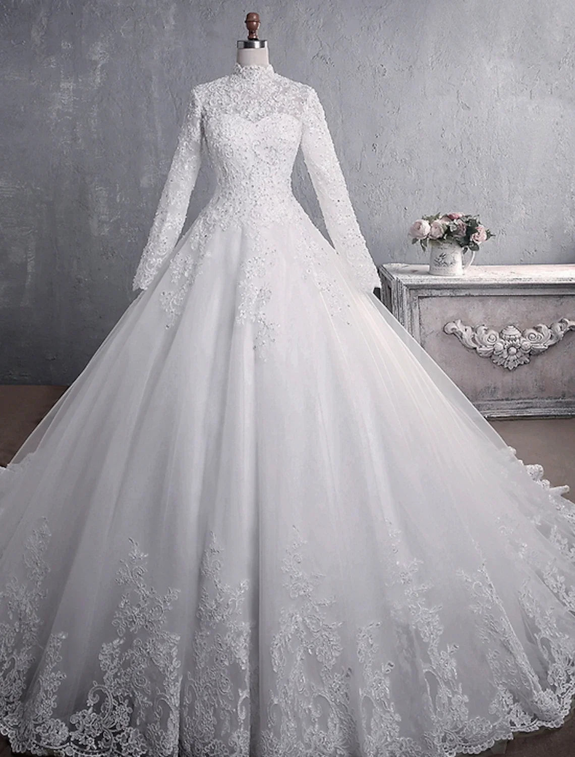 Ball Gown High Neck Lace Long Sleeve Train Wedding Gown - Chloe Dress
