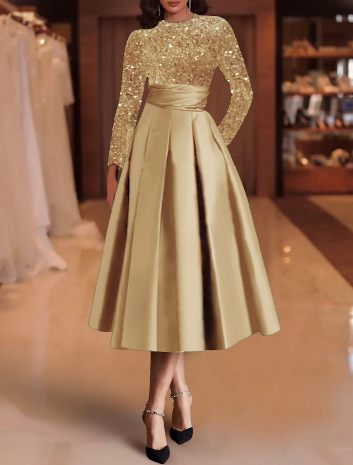 Green A-Line Satin Long Sleeve Pleated Tea-Length Wedding Dress - Chloe Dress