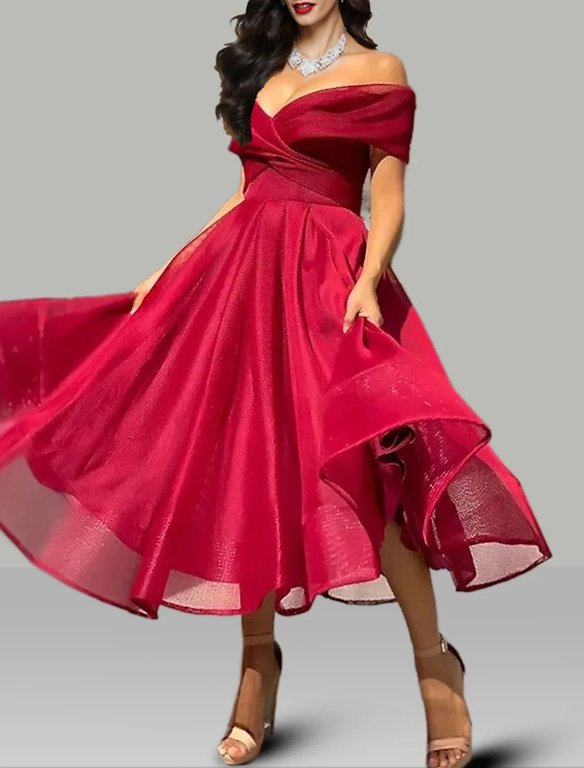 A-Line Off-Shoulder Organza Sleeveless Backless Tea-Length Prom Dress - Chloe Dress