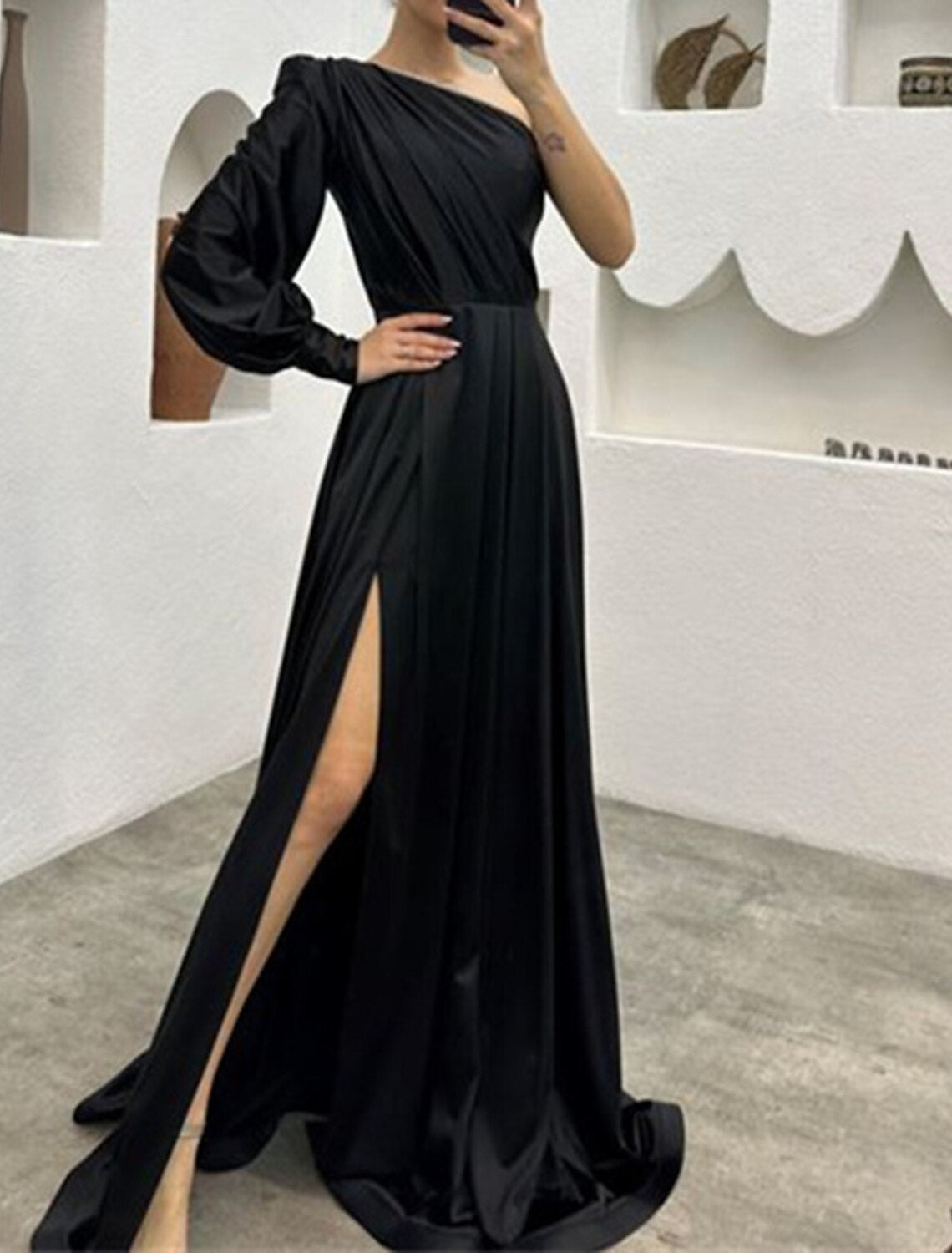 A-Line One-Shoulder Long Sleeve High Slit Evening Gown - Chloe Dress