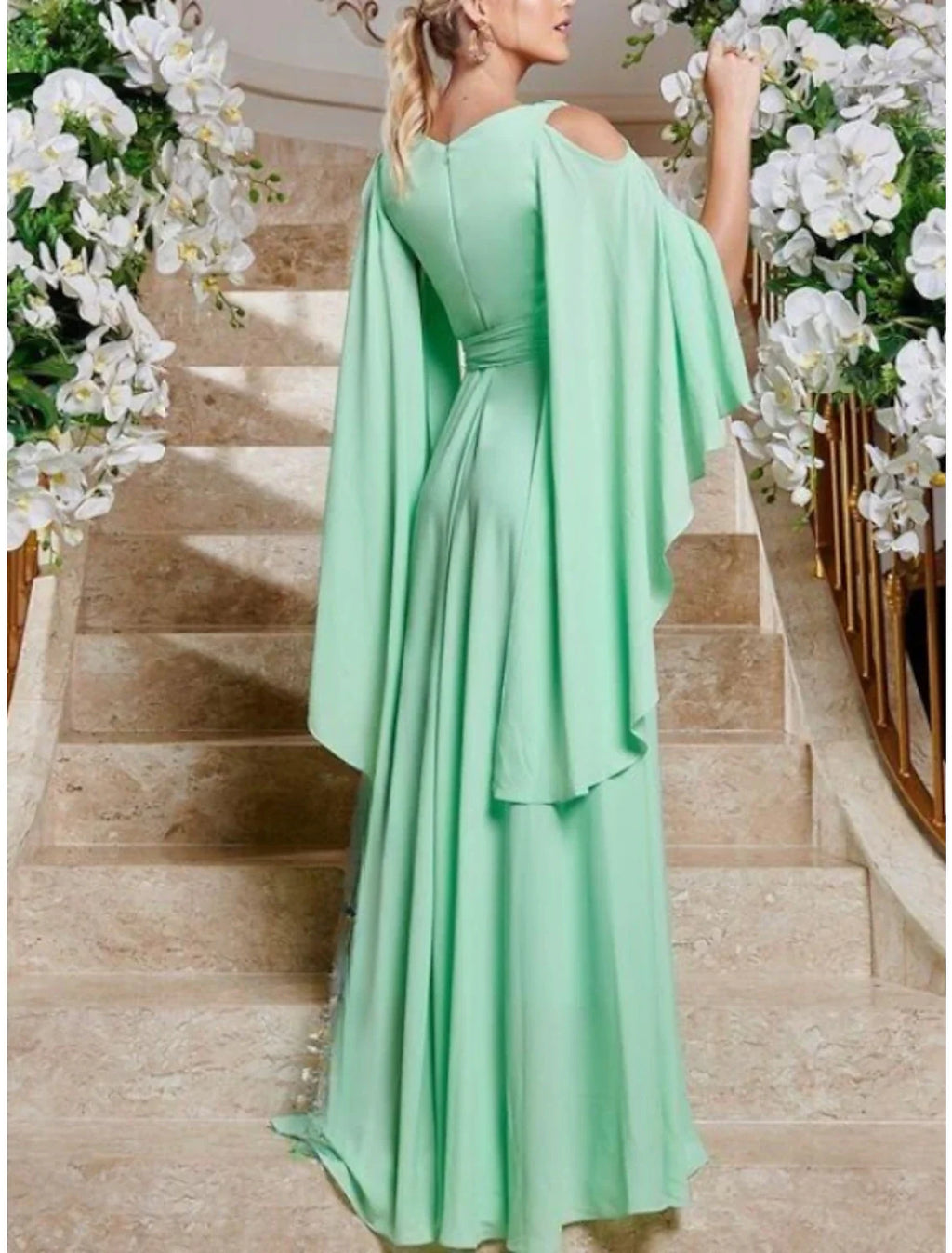 Sheath V-Neck Chiffon Long Sleeve Ruffled Floor-Length Wedding Dress - Chloe Dress