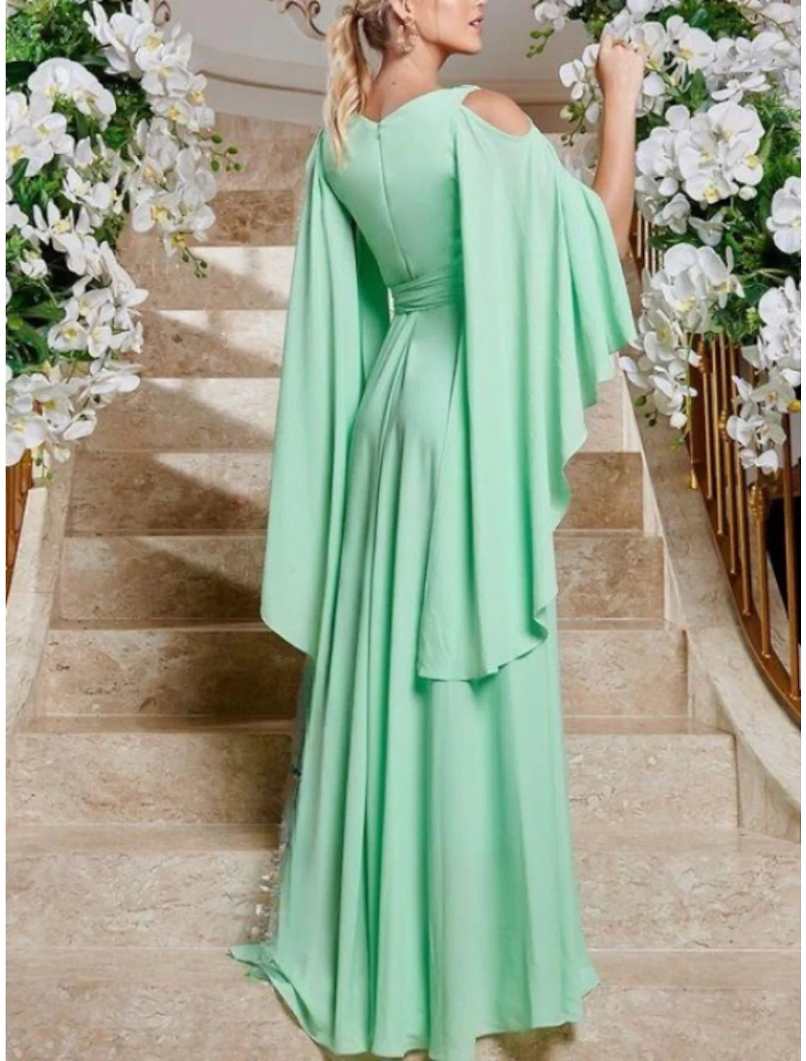 Sheath V-Neck Chiffon Long Sleeve Ruffled Floor-Length Wedding Dress - Chloe Dress