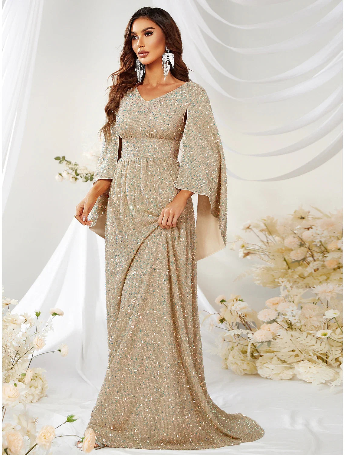A-Line V-Neck Sequin Long Sleeve Train Evening Gown - Chloe Dress