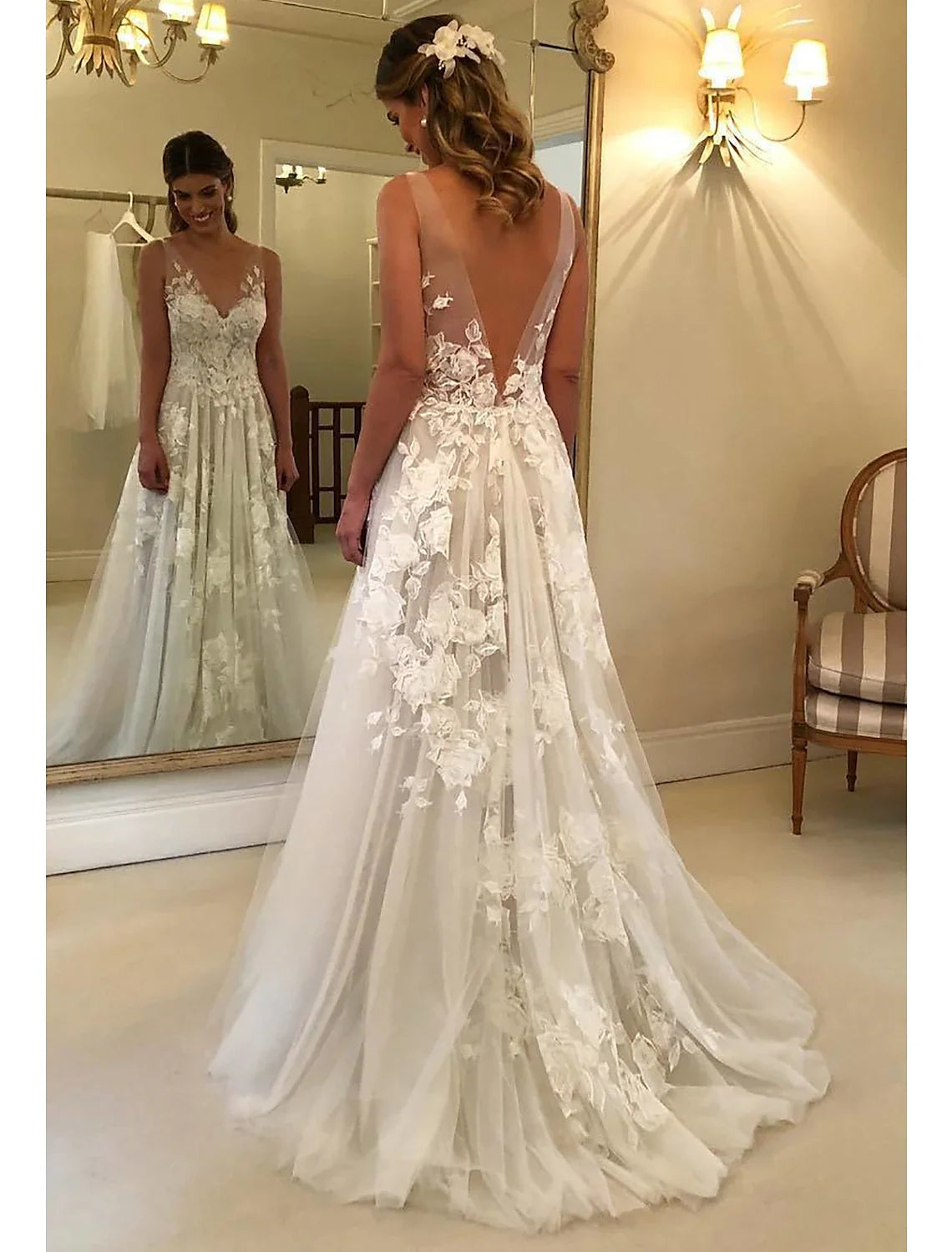 A-Line V-Neck Lace Sleeveless Train Wedding Gown - Chloe Dress