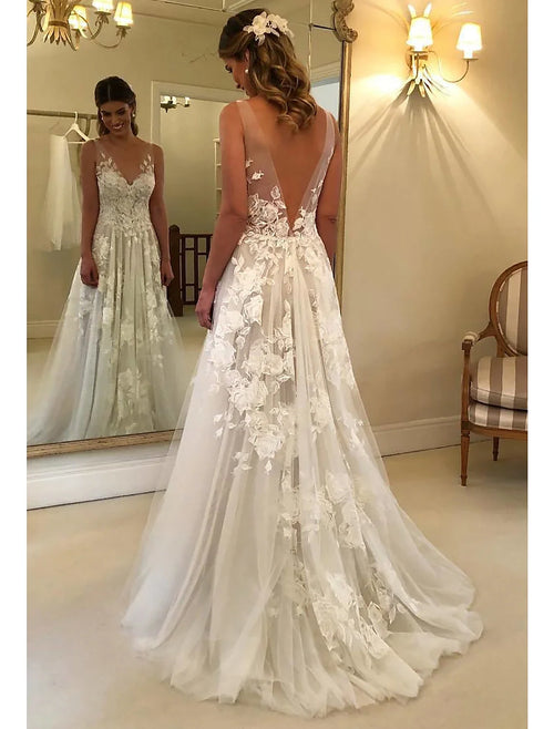 A-Line V-Neck Lace Sleeveless Train Wedding Gown - Chloe Dress