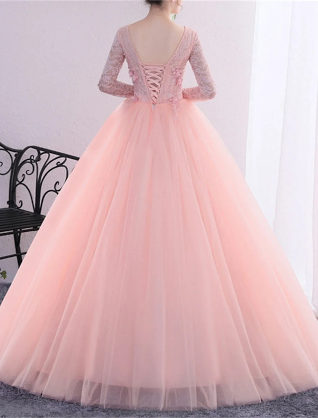 Ball Gown V-Neck Polyester Long Sleeve Applique Floor-Length Gown - Chloe Dress