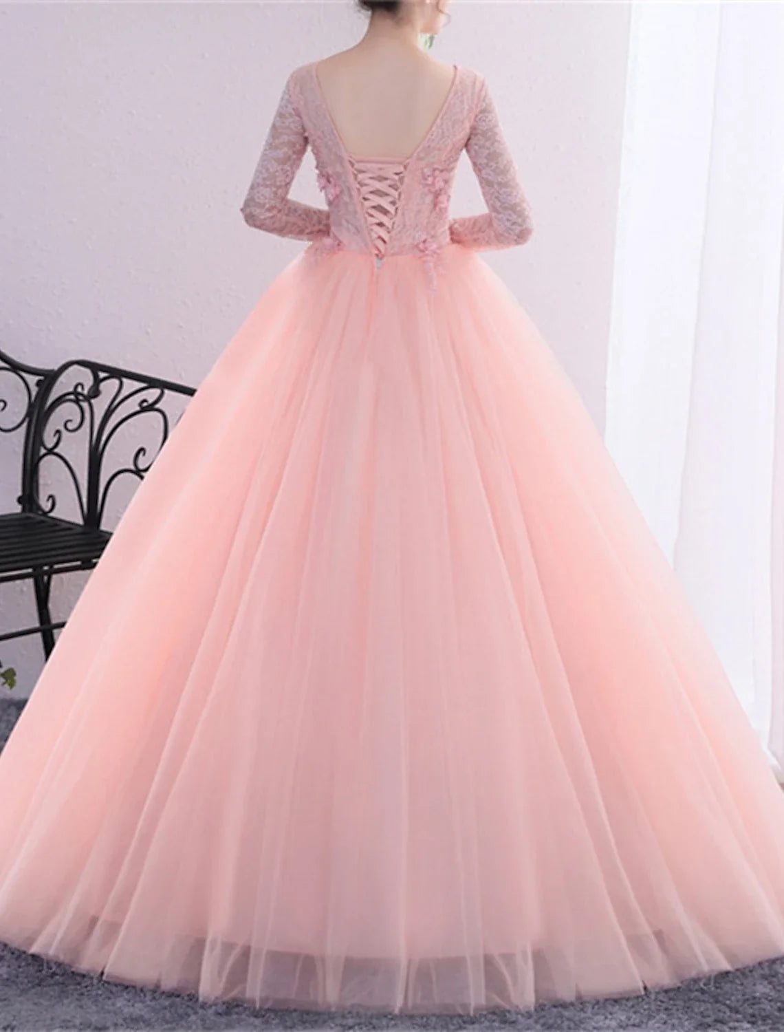 Ball Gown V-Neck Polyester Long Sleeve Applique Floor-Length Gown - Chloe Dress