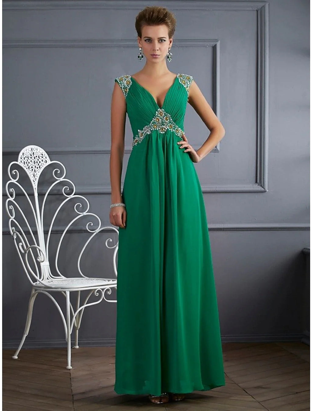 A-Line V-Neck Chiffon Sleeveless Rhinestone Floor-Length Evening Gown - Chloe Dress