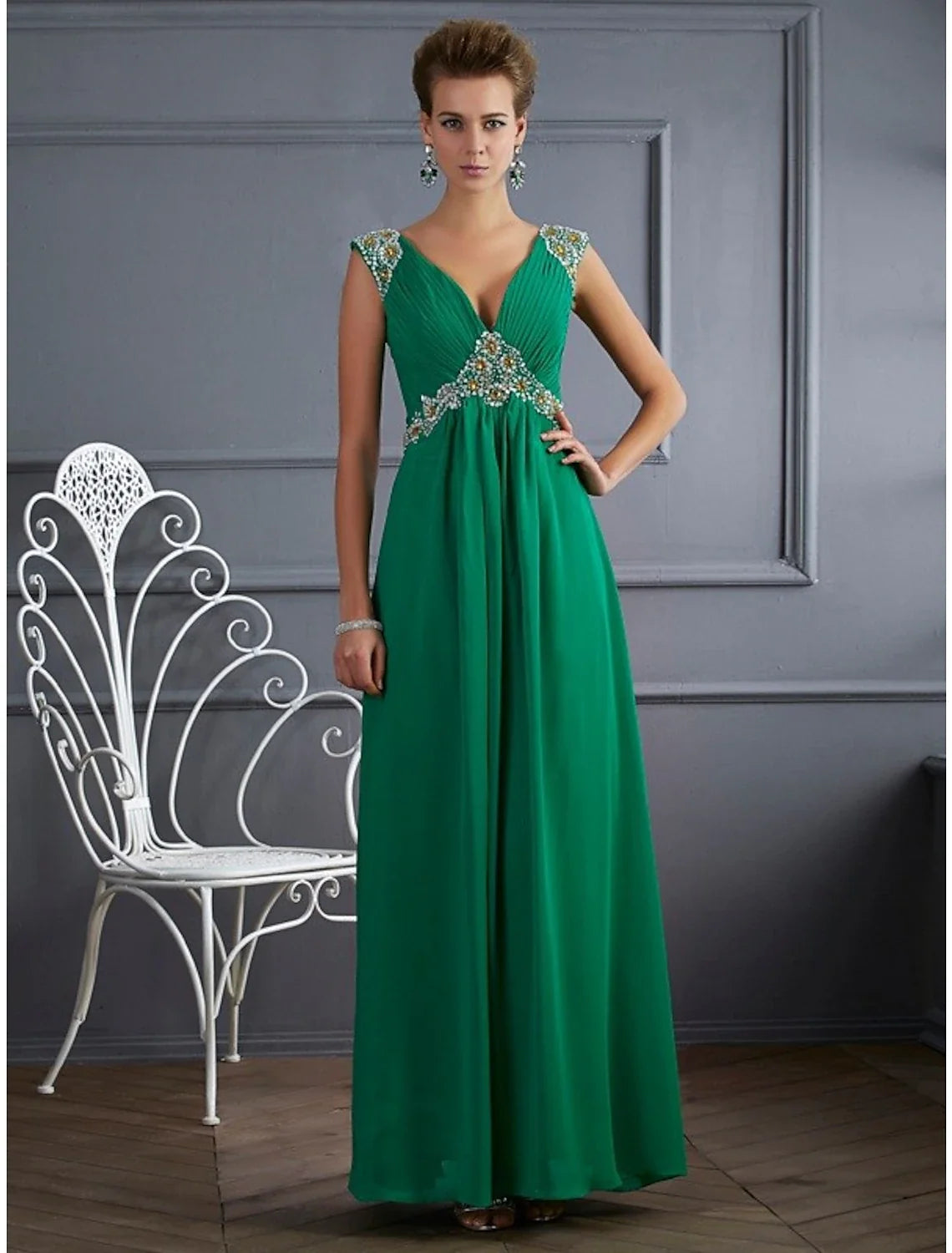 A-Line V-Neck Chiffon Sleeveless Rhinestone Floor-Length Evening Gown - Chloe Dress